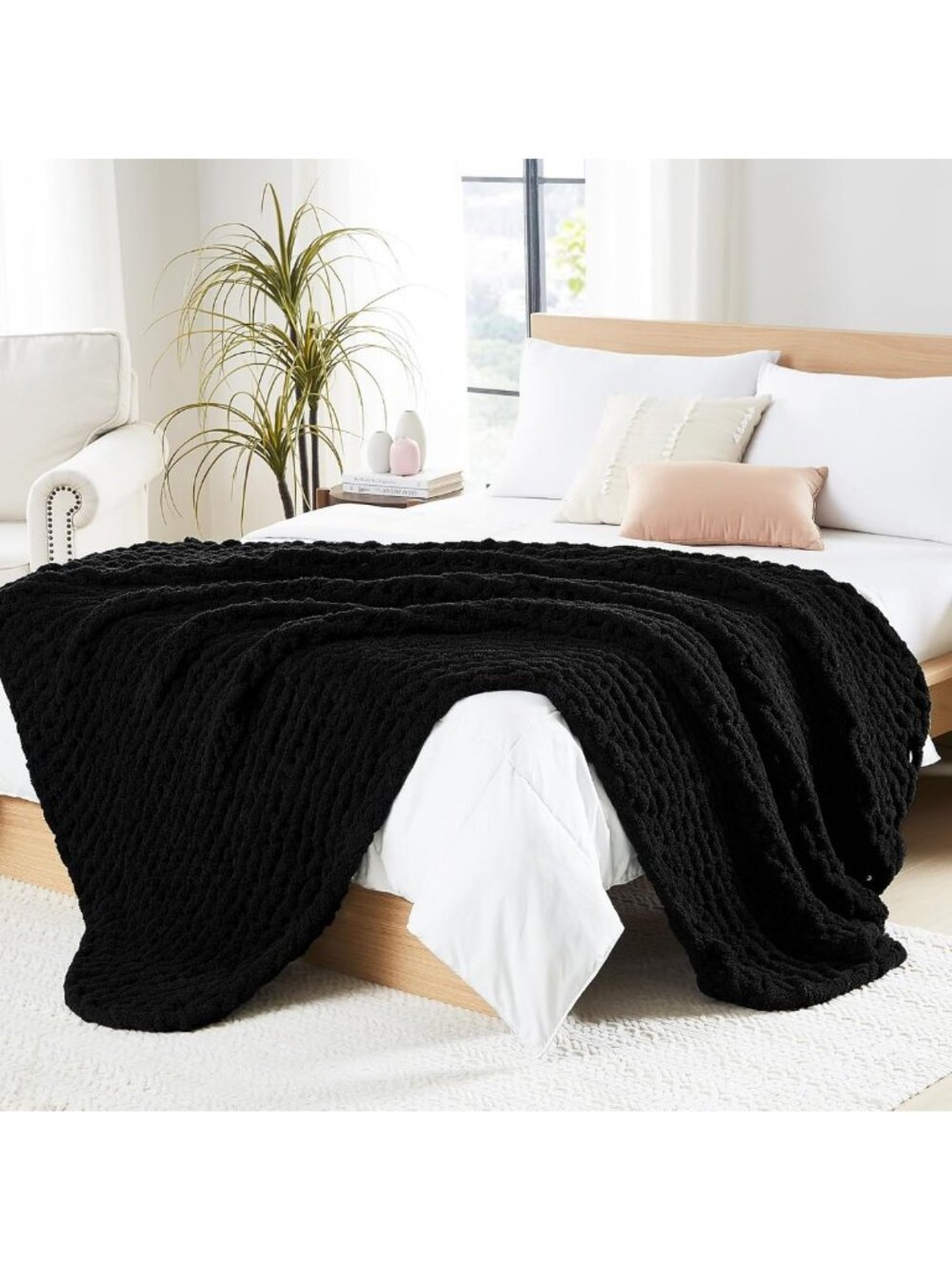 Cozy Chunky Knit Throw Blanket for Couch, 50'' x 60'', Soft Black Knit Decor